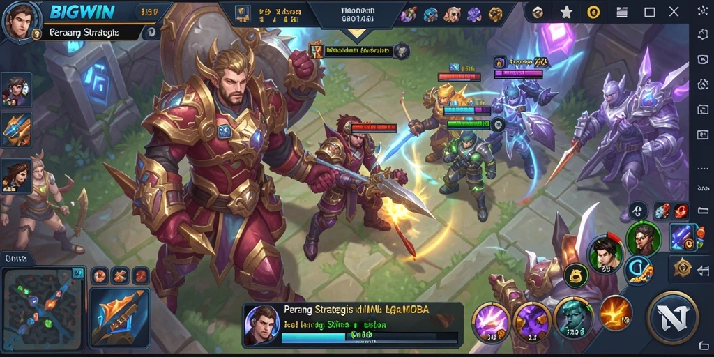 Tangkapan layar gameplay BIGWIN menampilkan pertempuran dinamis dan karakter unik.