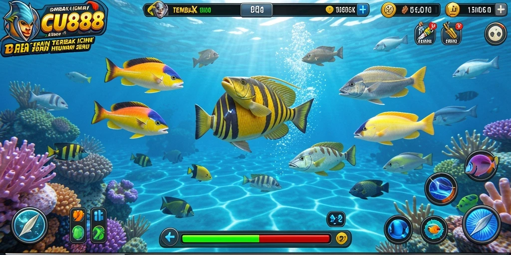 Tampilan gameplay CU888 dengan berbagai ikan dan tantangan menarik.