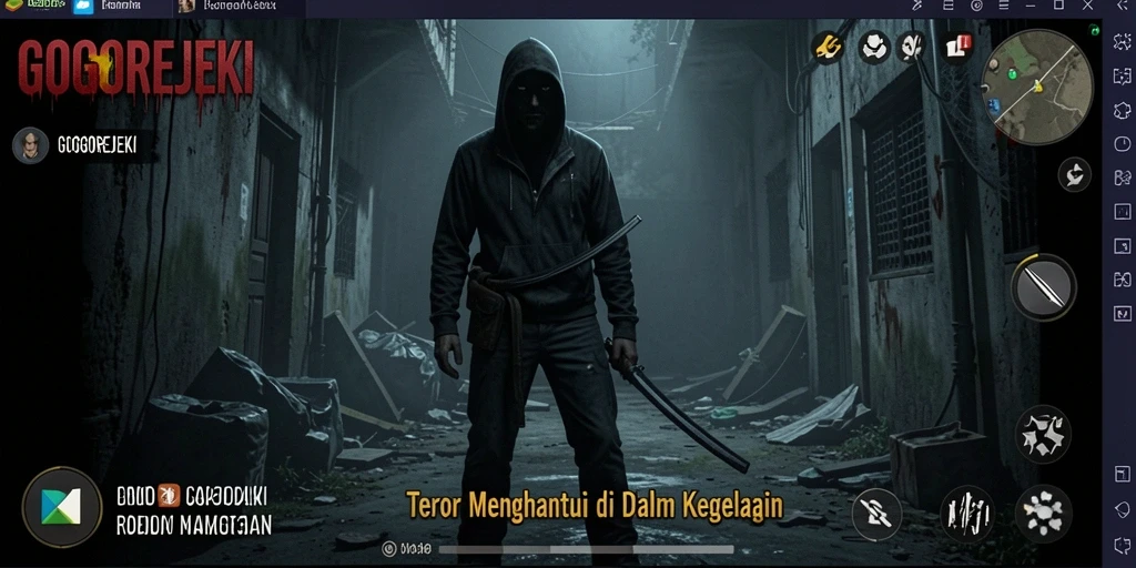 Tangkapan layar dari gameplay GOGOREJEKI yang menakutkan di dunia kelam.