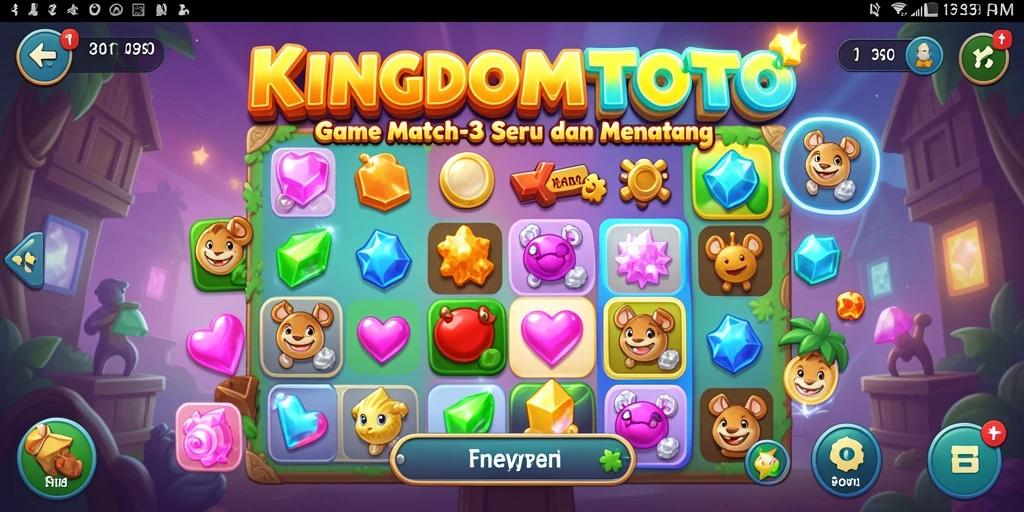 Screenshot KINGDOMTOTO menampilkan gameplay Match-3 yang menarik.