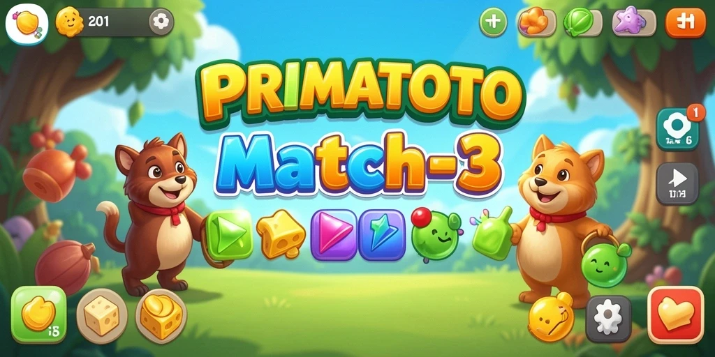 Tangkapan layar menunjukkan gameplay Match-3 yang seru dan penuh warna.